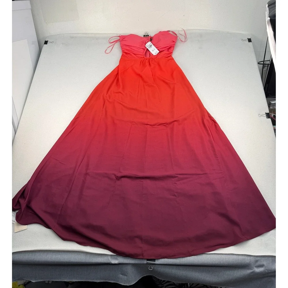 Abercrombie & Fitch Pink Red Colorblock Ruched Chiffon Maxi Dress XS NEW